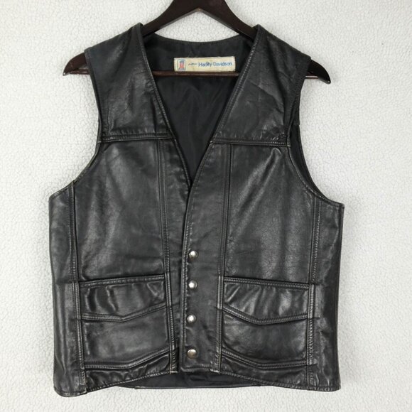 Vintage Harley Davidson Vest Mens Medium Black Leather Eagle AMF Biker - Picture 2 of 10